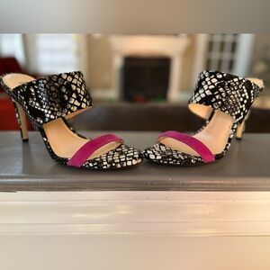INC Heels, Rare. Black white with fuchsia, pink leather strap. Size 9,